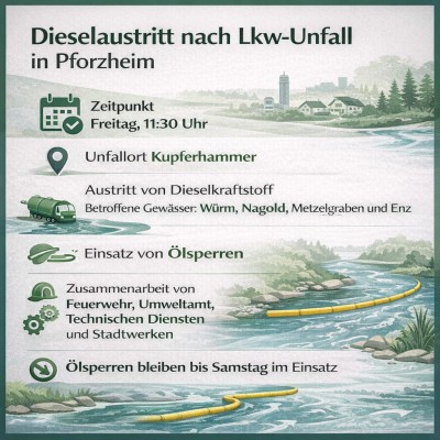 Dieselkraftstoff gelangt nach Lkw-Unfall in Flüsse bei Pforzheim